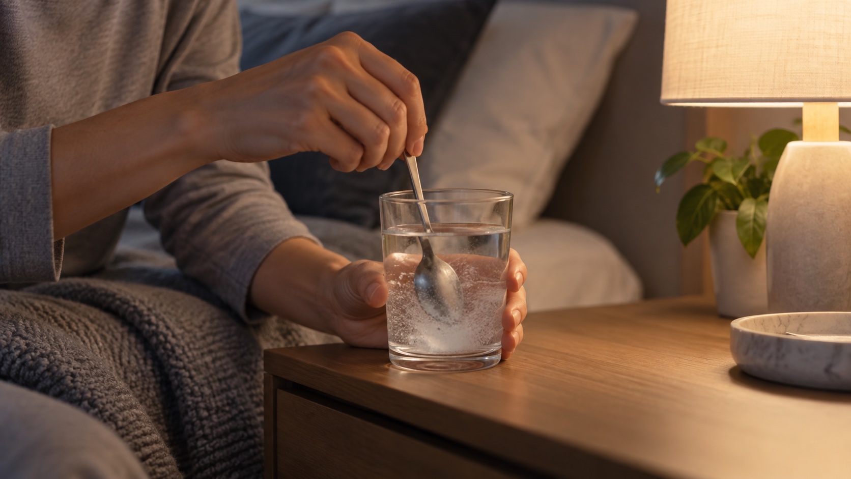 An adult stirs unlabelled powder into a glass of water.