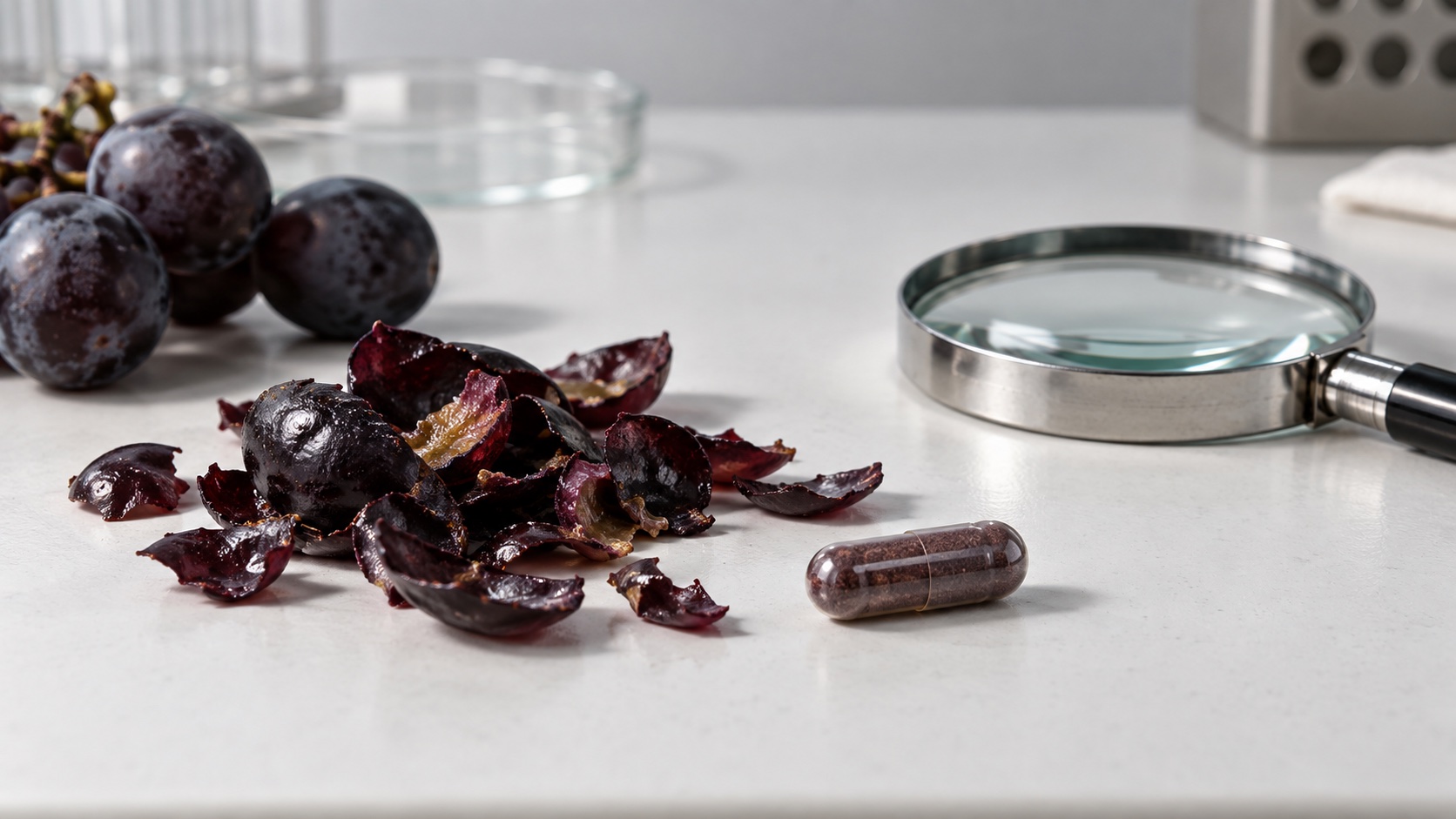 Grapes, a plain capsule, and a magnifier on a lab bench.