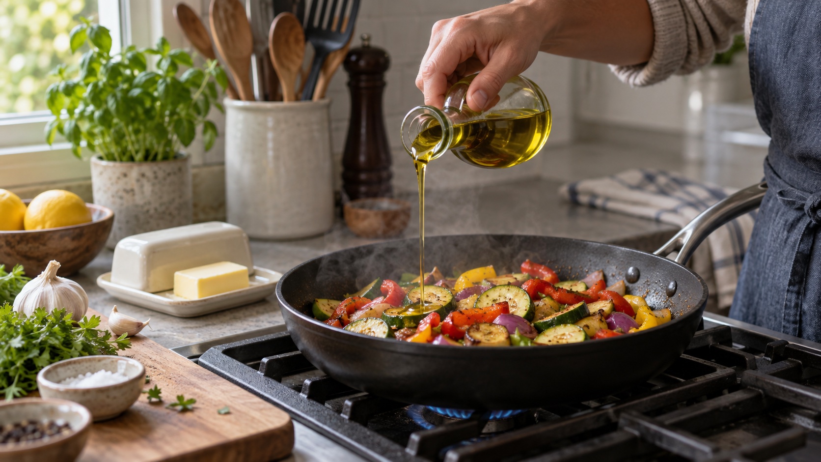 A cook adds olive oil to vegetables beside a butter dish.