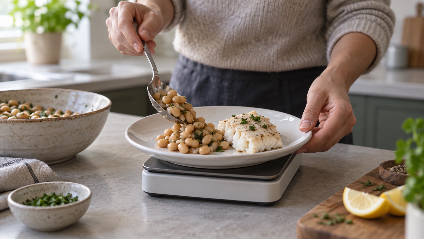 An adult portions protein foods on a kitchen scale with no visible reading.