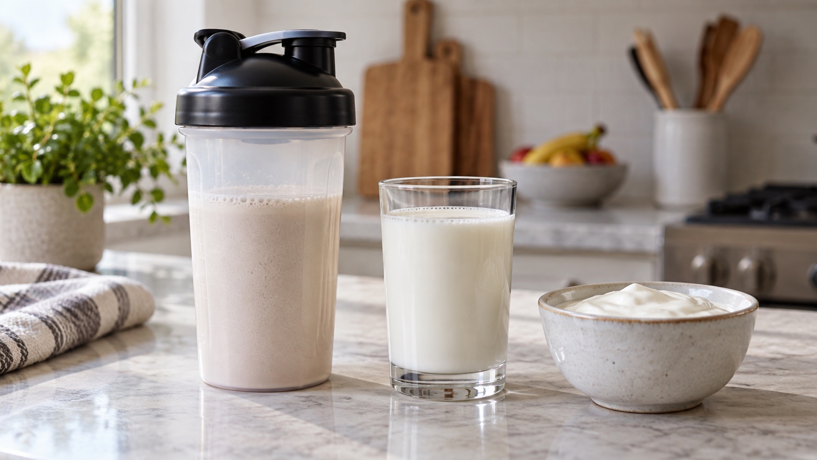 A plain shaker cup beside milk and yogurt on a counter.