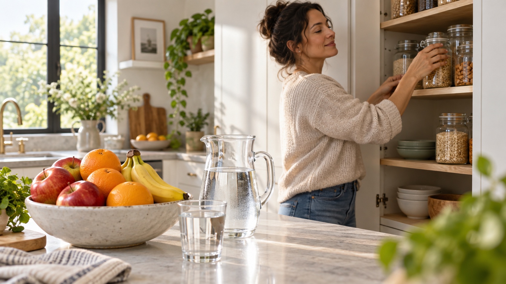 An adult places fruit and water at the front of a kitchen shelf.