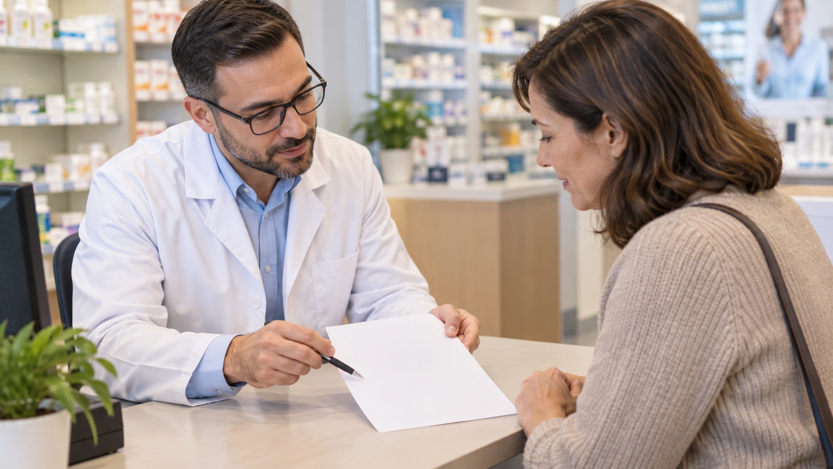 A pharmacist and adult review a blank medication list.