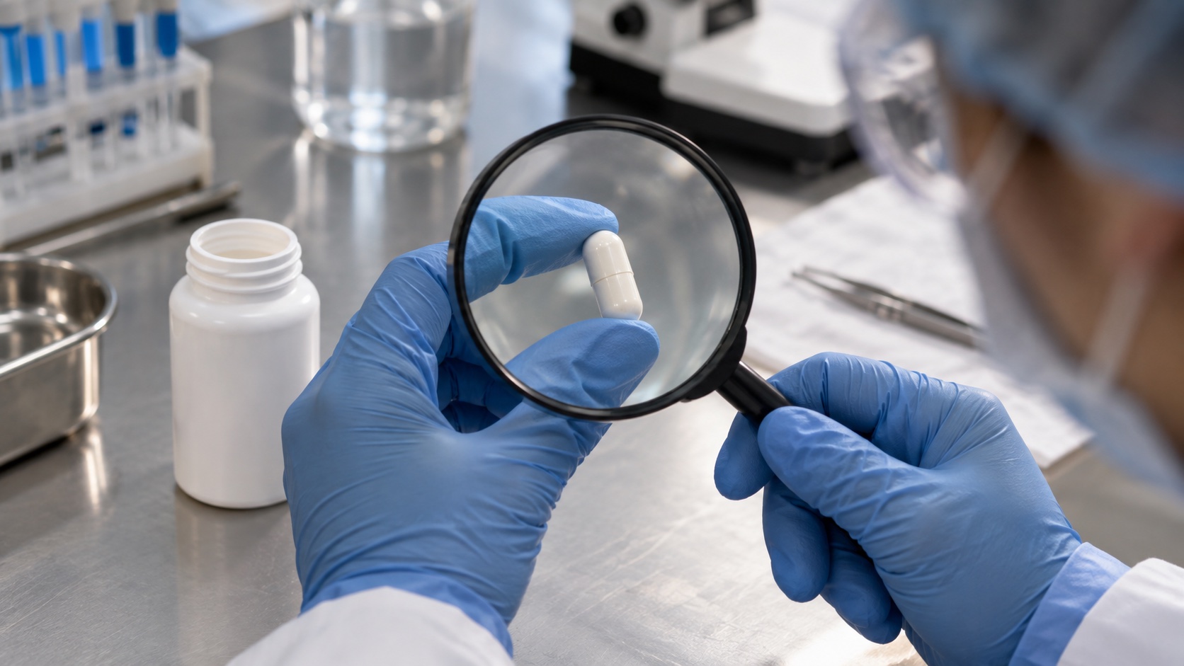 A technician inspects a plain capsule from an unlabelled container.