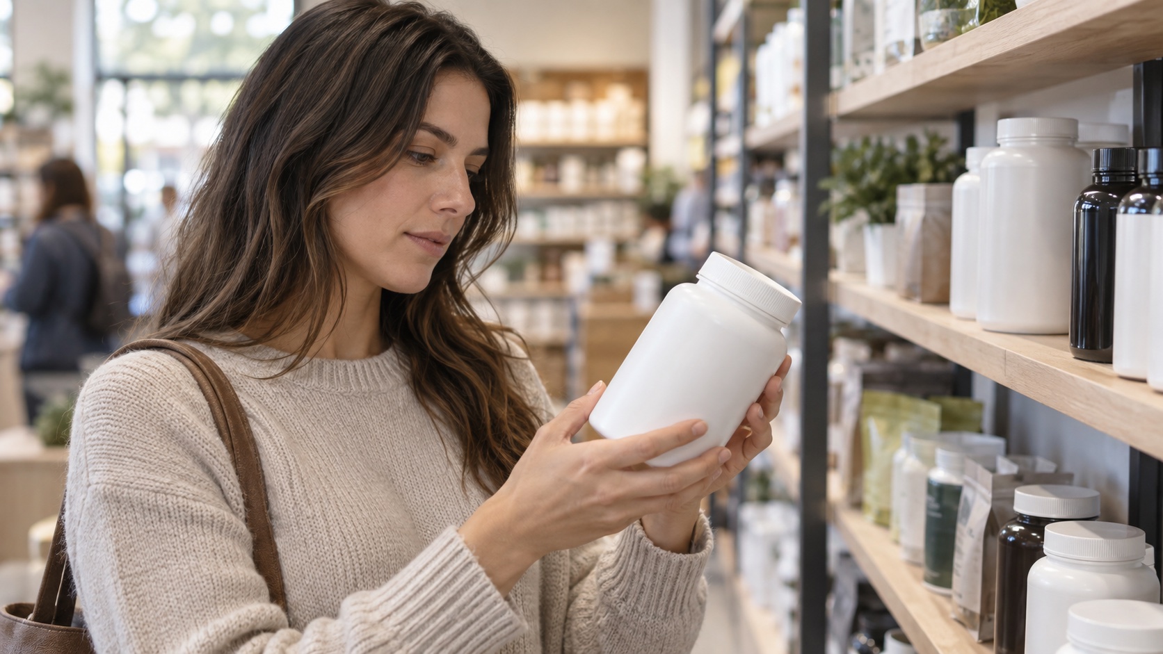 A shopper looks at a plain blank supplement label in a store.