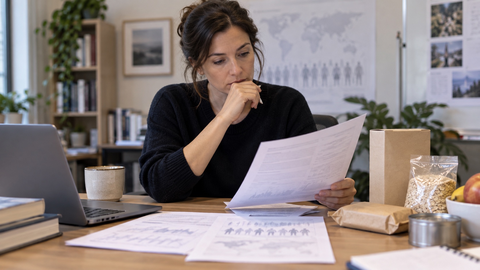 An adult woman reads papers at a home table.