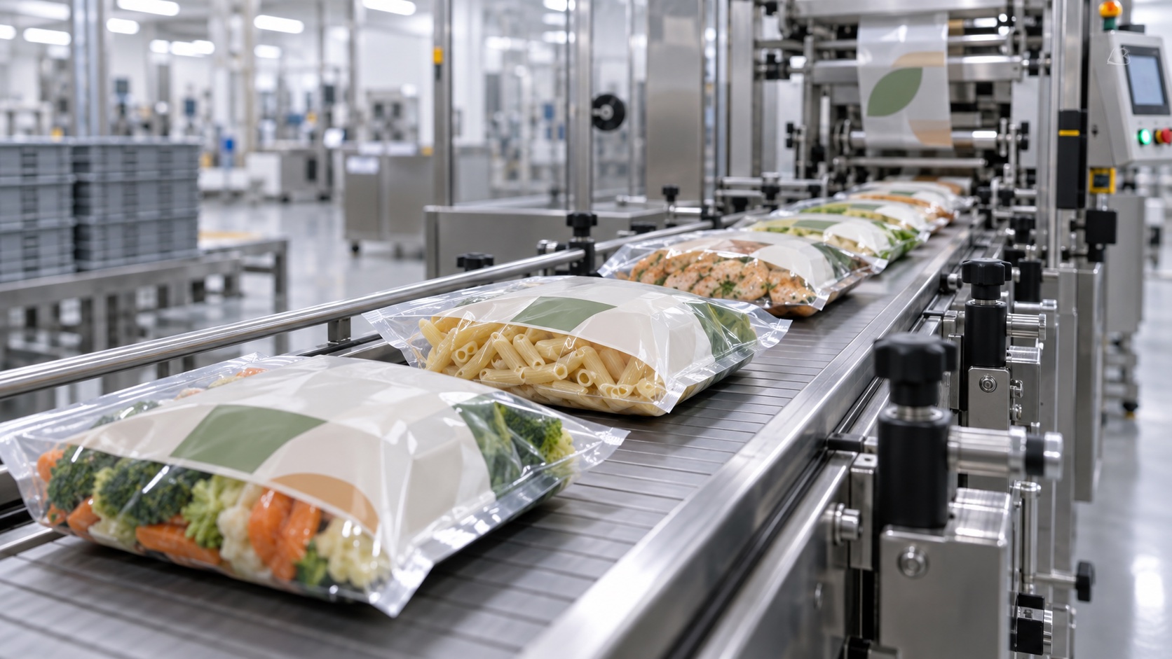Unbranded food packages move along a clean production line.