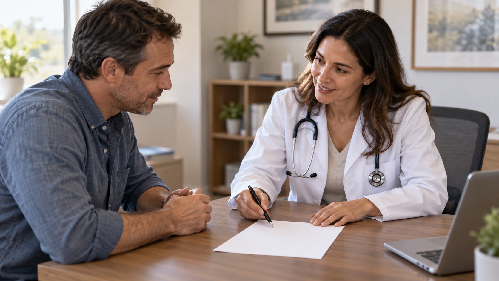 An adult and clinician discuss a blank care sheet in a private office.
