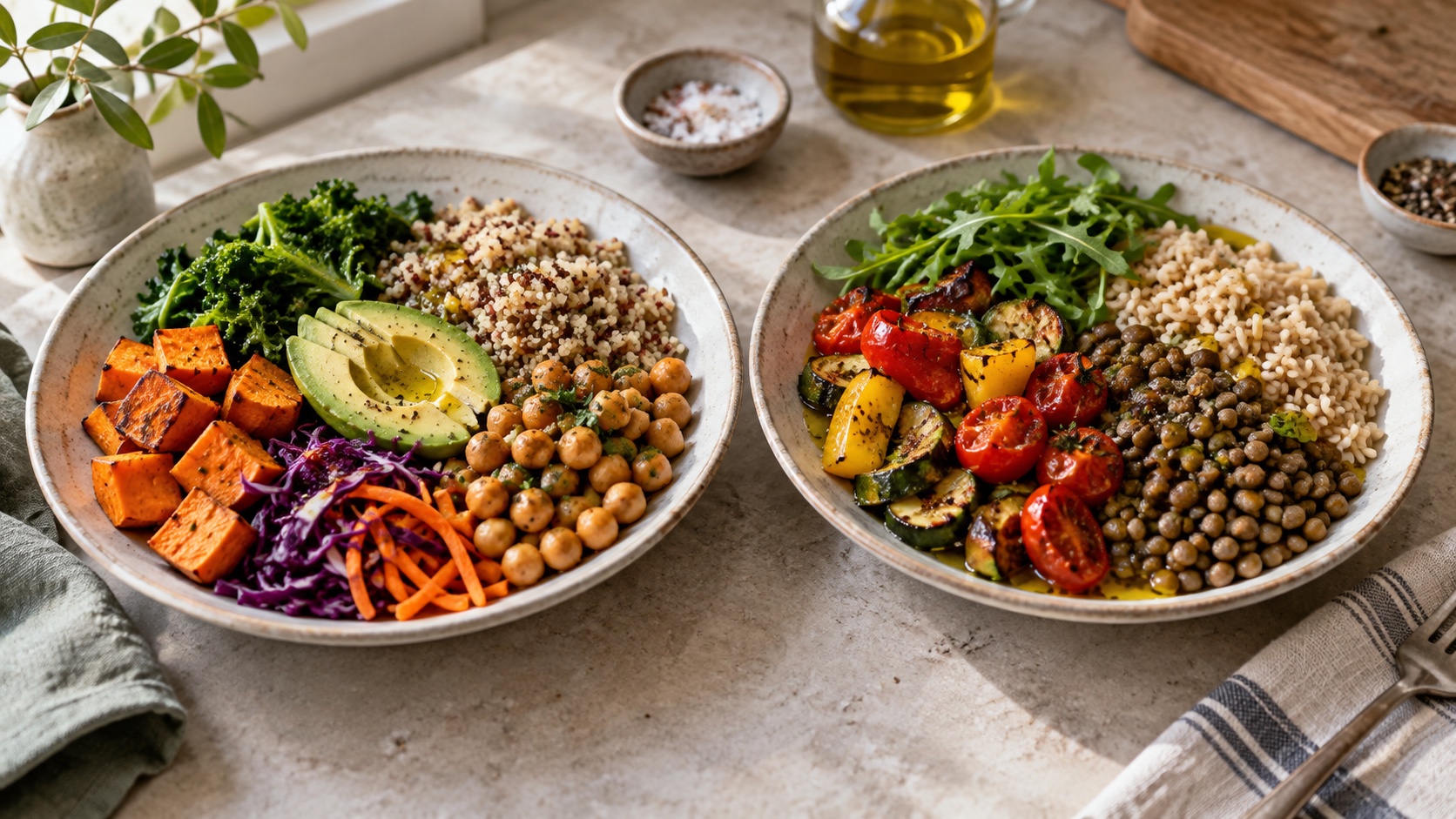 Two modest plant-forward meals arranged side by side.