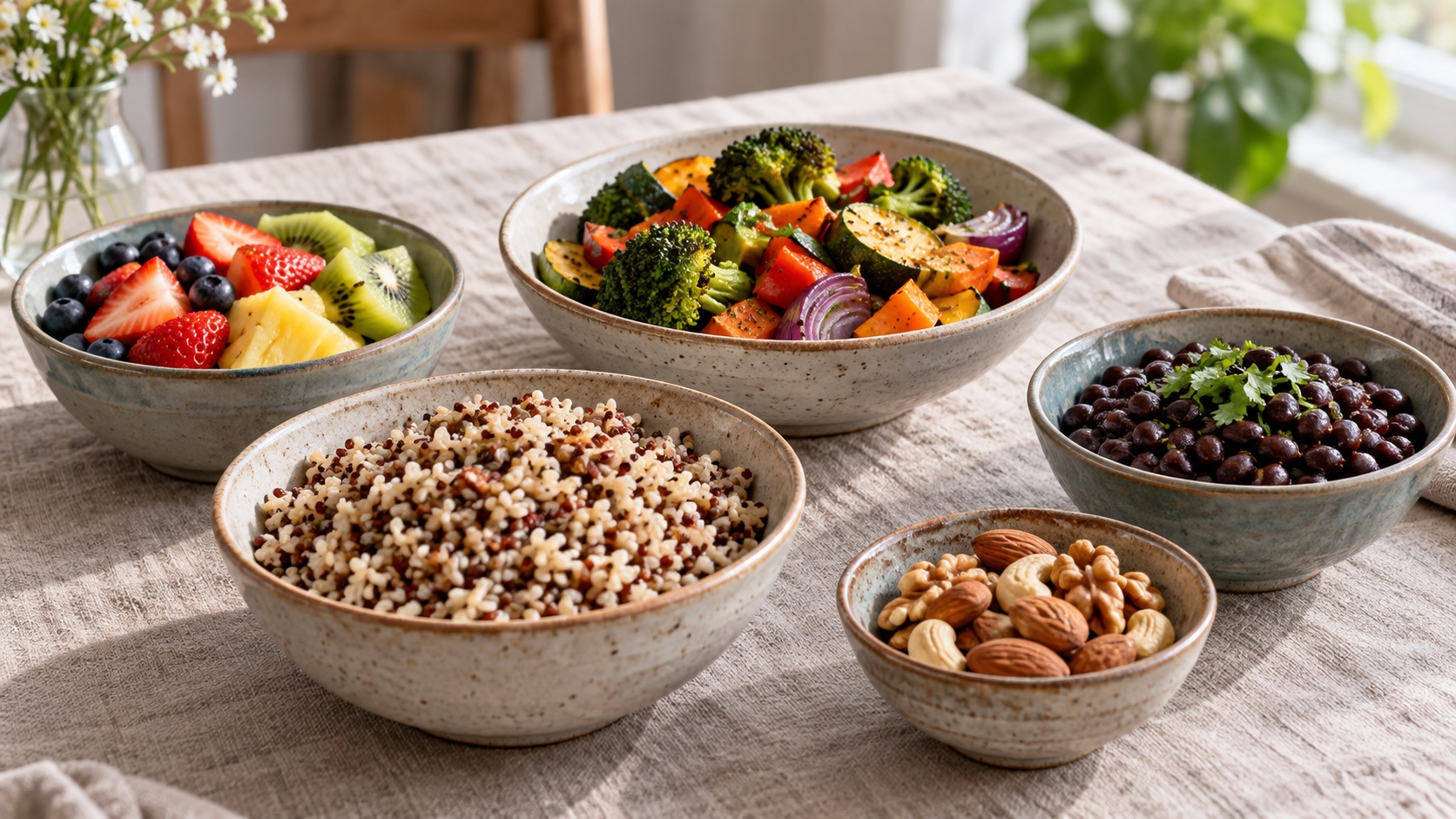 A modest meal with grains, fruit, vegetables, beans, and nuts.