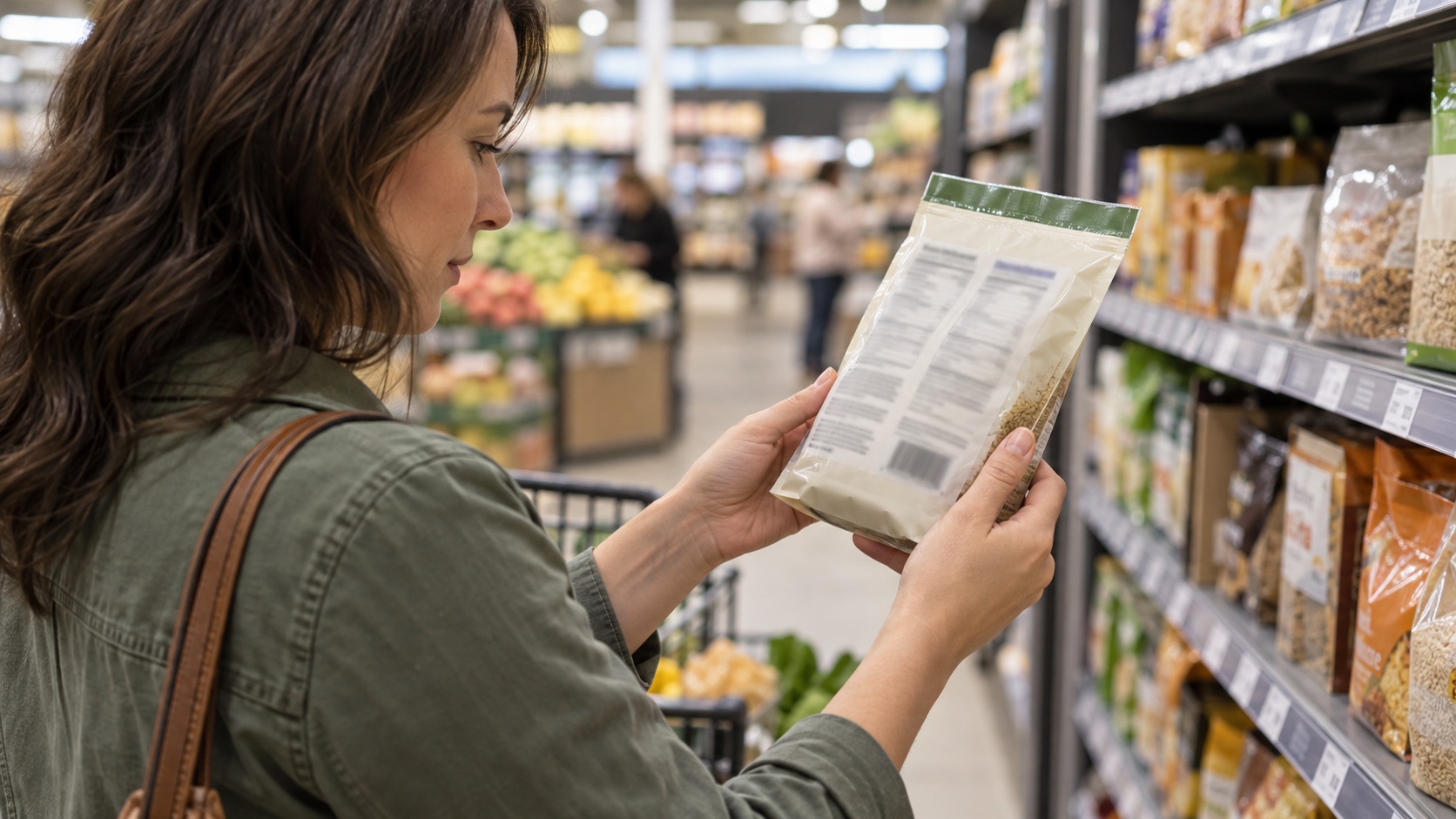 A shopper studies a nutrition label that is deliberately unreadable.
