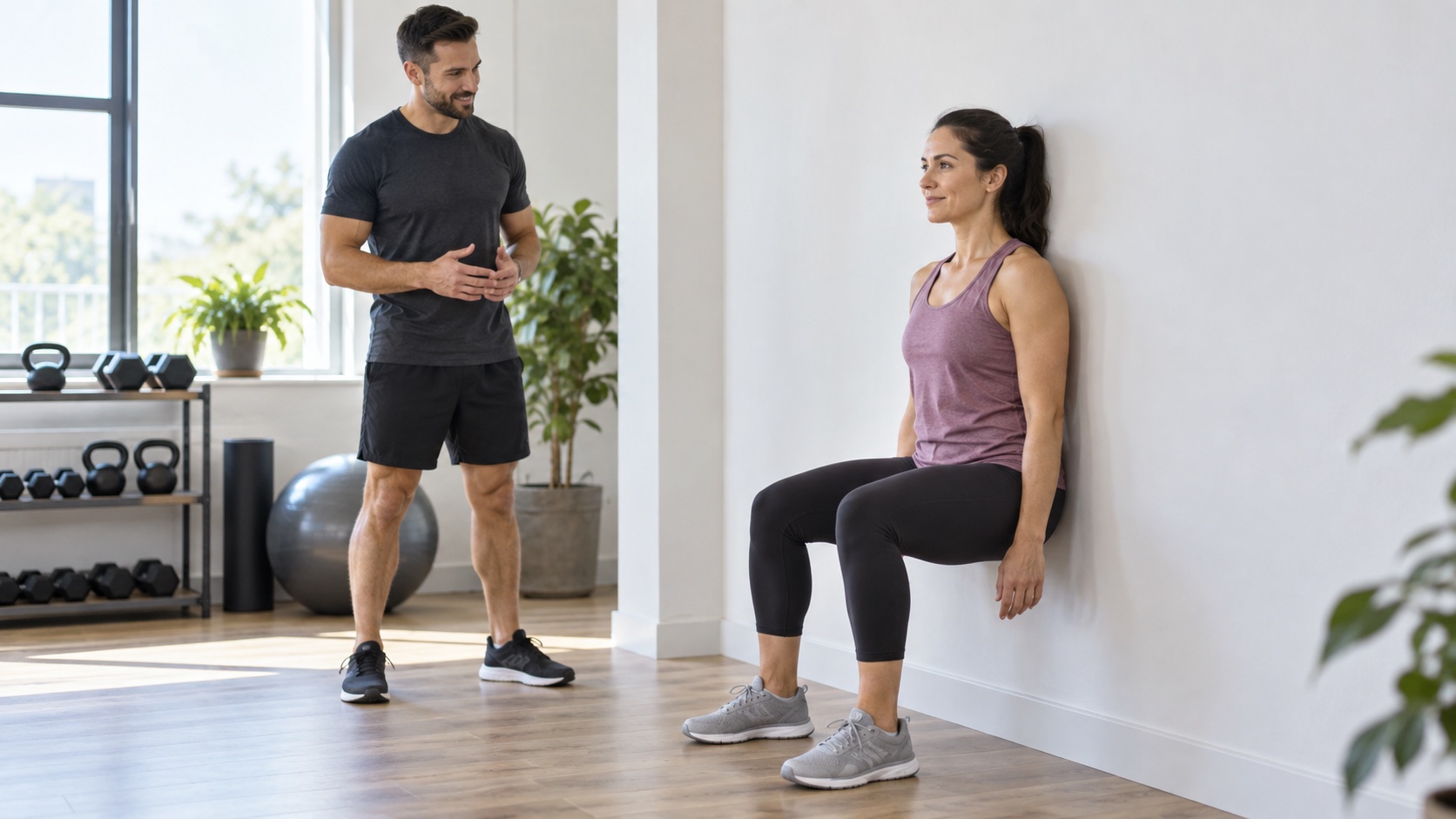 An adult holds a controlled wall squat in a bright exercise room.