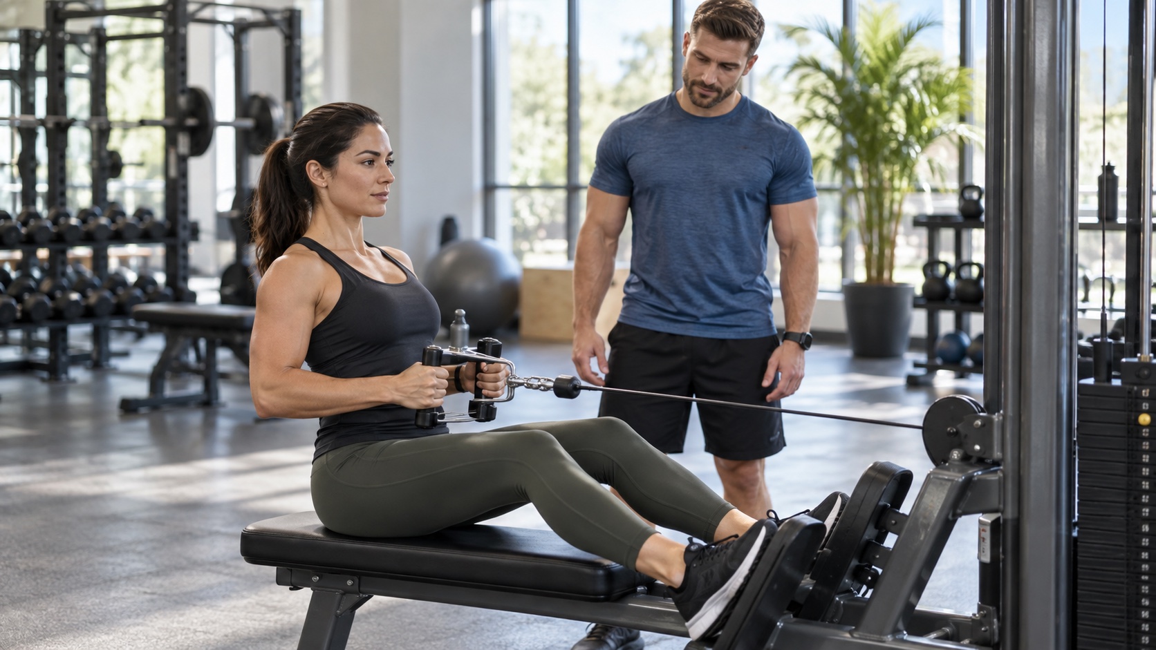 An adult performs a controlled seated resistance exercise in a gym.