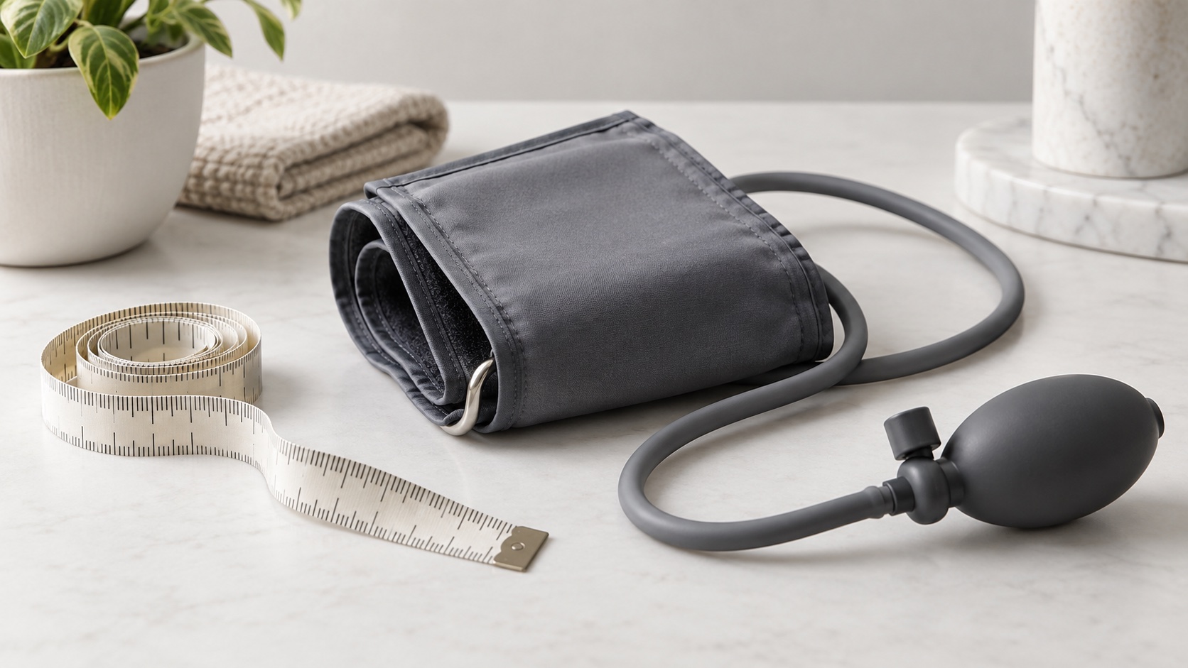 An unbranded upper-arm cuff beside a flexible measuring tape.