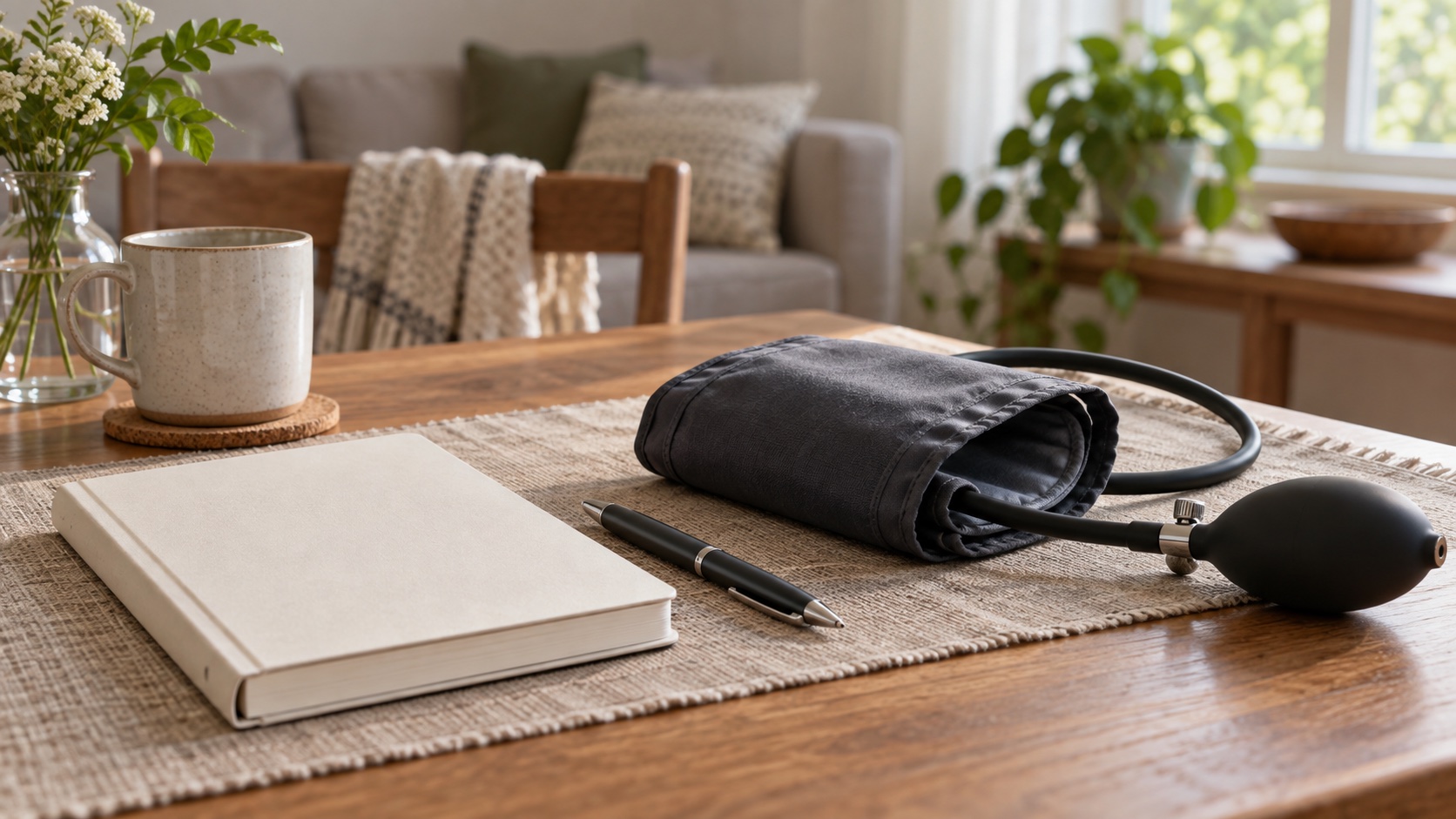 A blank notebook and pen sit beside a home blood-pressure cuff.
