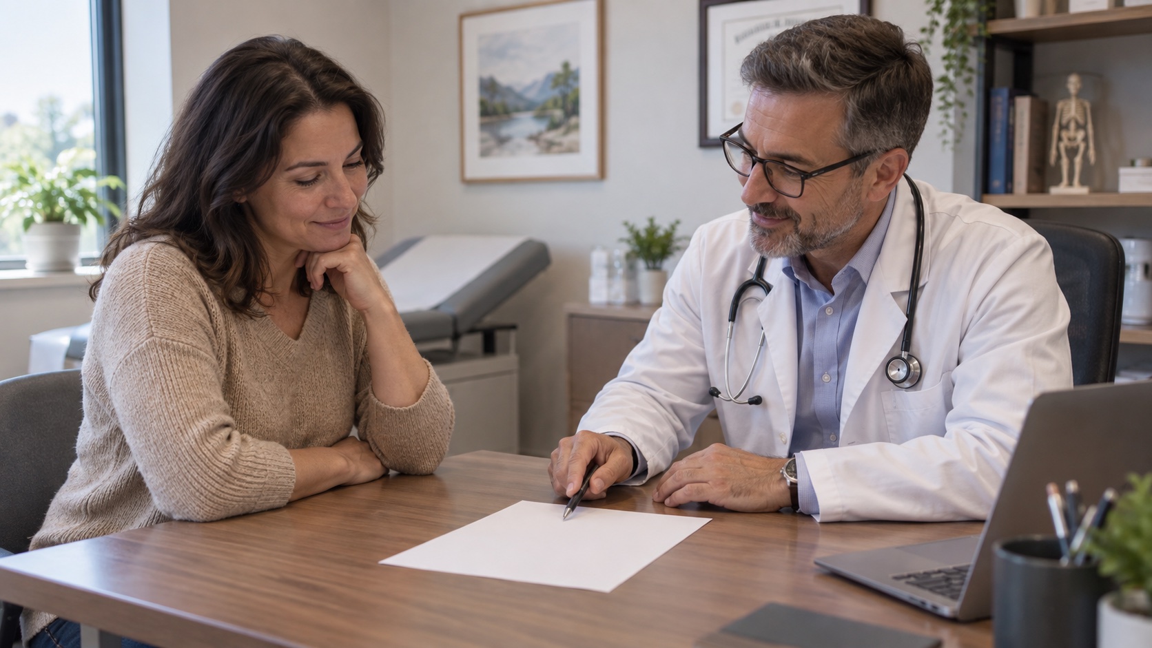 A clinician and adult review a blank sheet in a clinic.