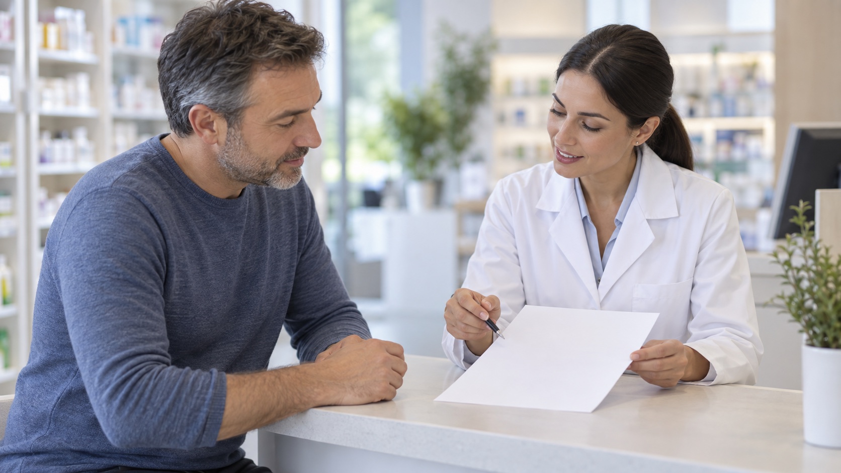 A patient and pharmacist talk beside a blank medication sheet.