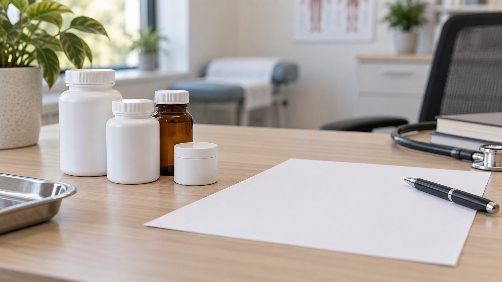 Unlabelled medicine containers sit beside a blank sheet.