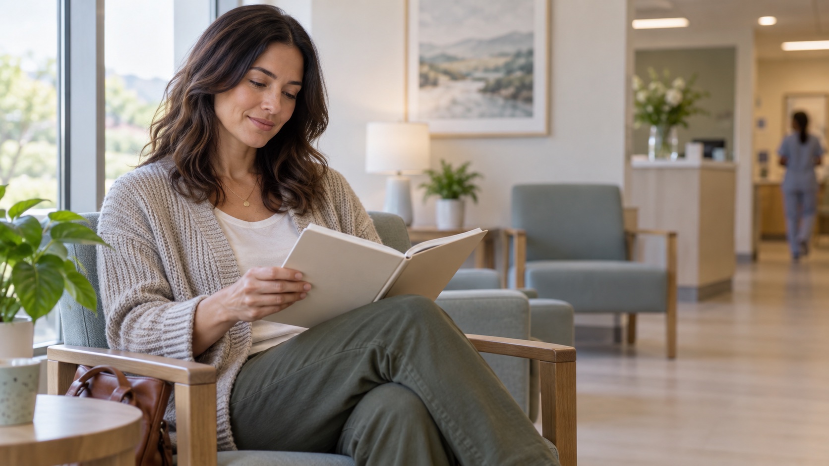 An adult holds a blank notebook in a clinic waiting area.