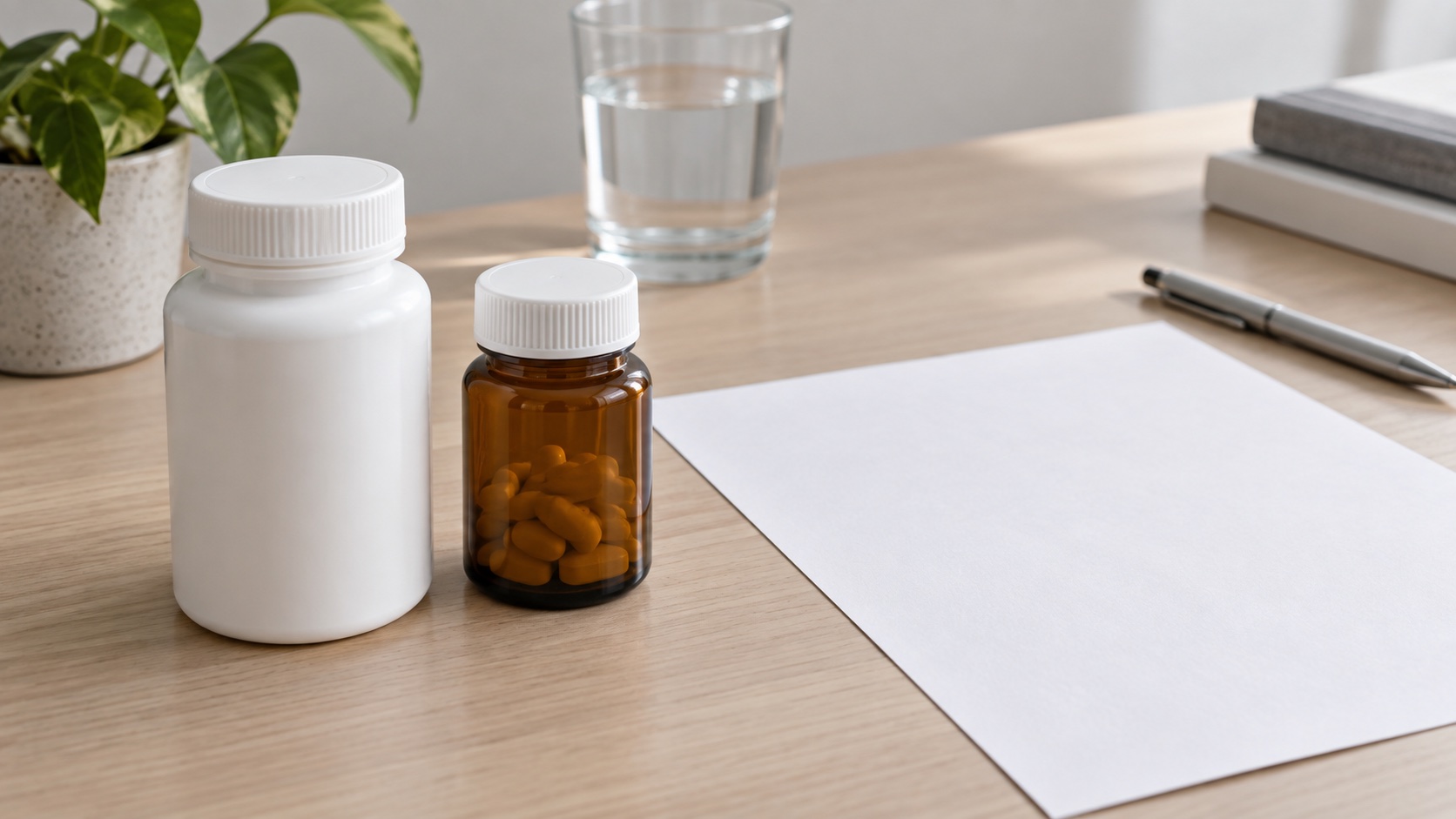 Two unlabelled medicine containers sit beside a blank sheet.