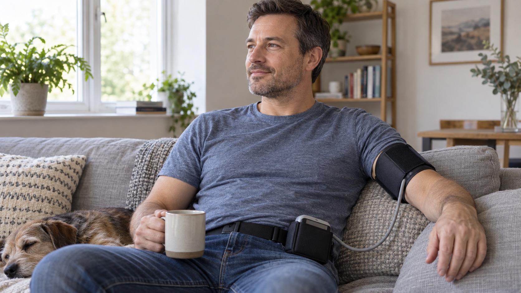 An adult wears a small ambulatory blood-pressure monitor.