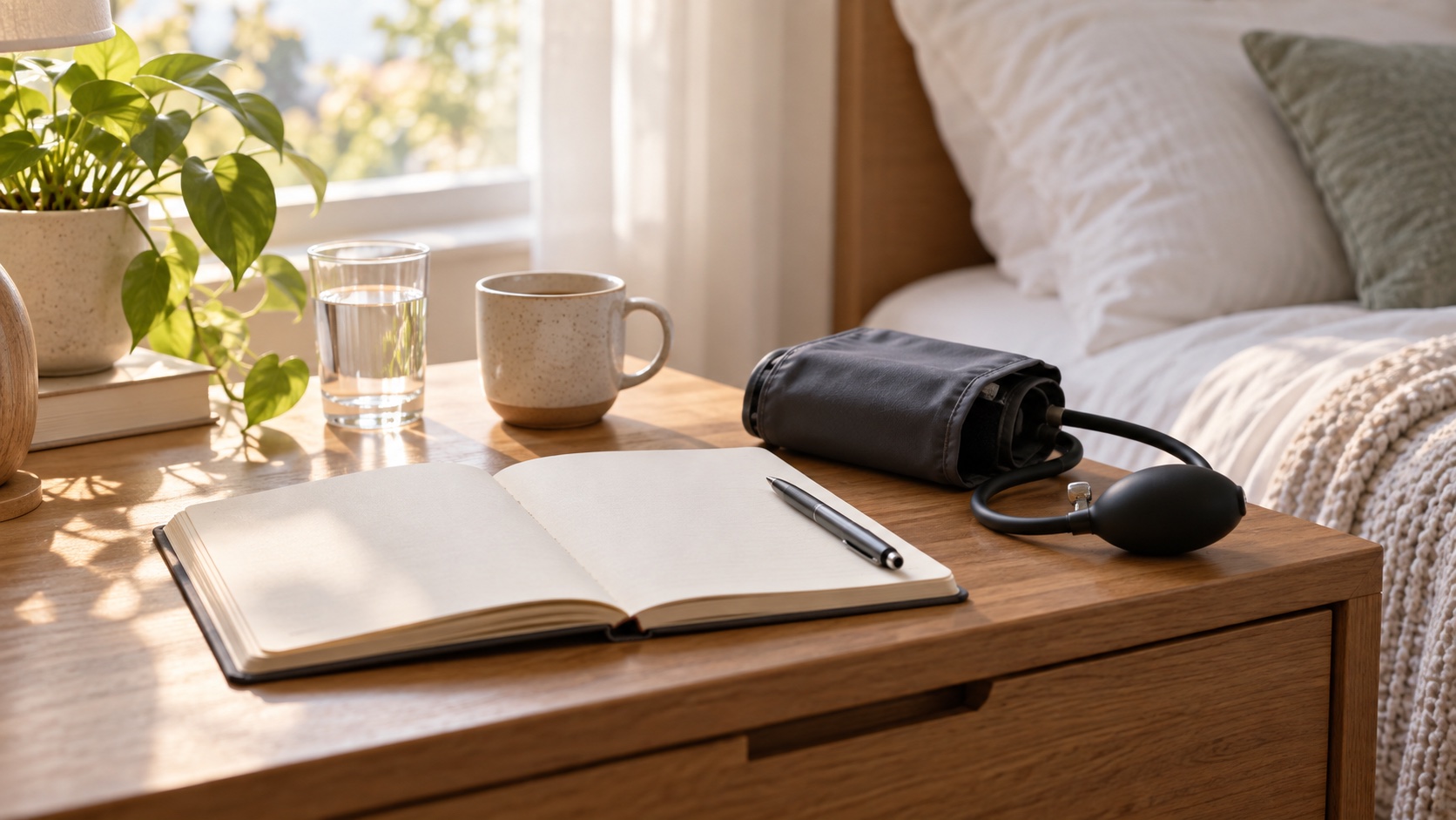 A blank sleep journal sits beside a blood-pressure cuff.