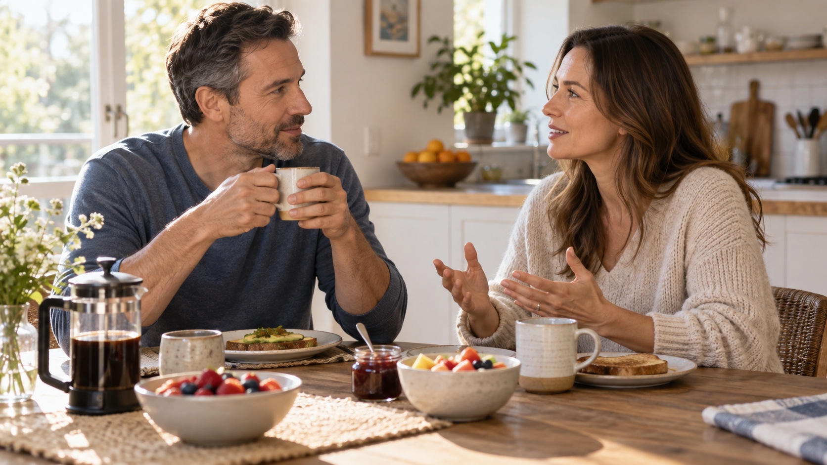 A partner talks with an adult over breakfast at home.