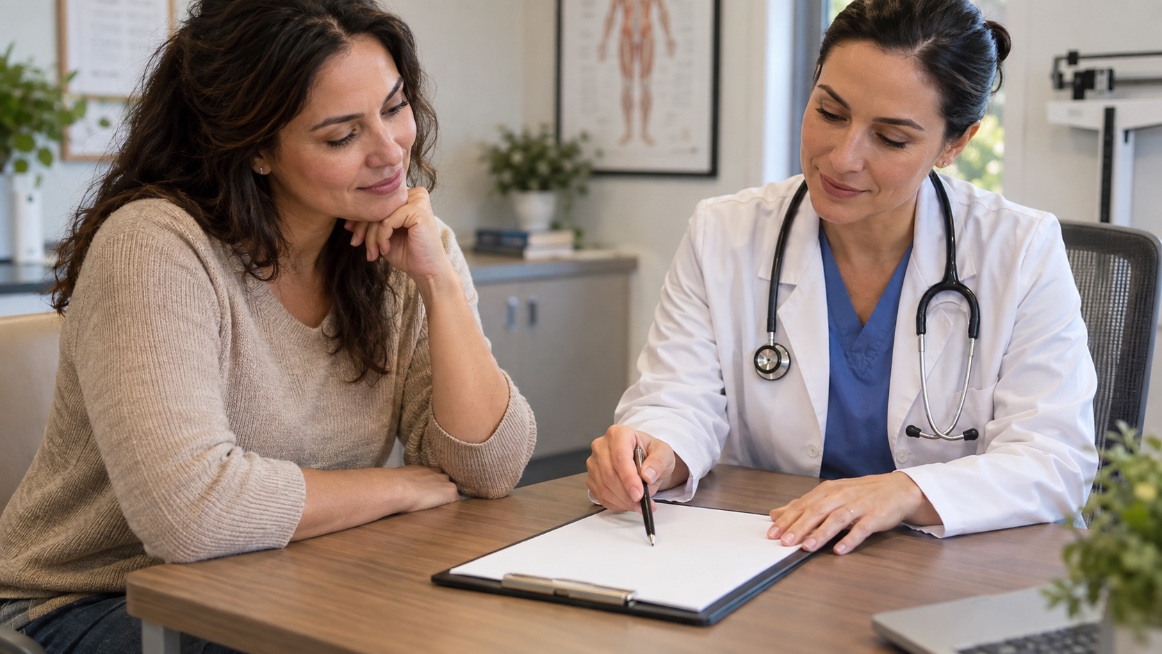 A patient and clinician review a blank paper in an office.