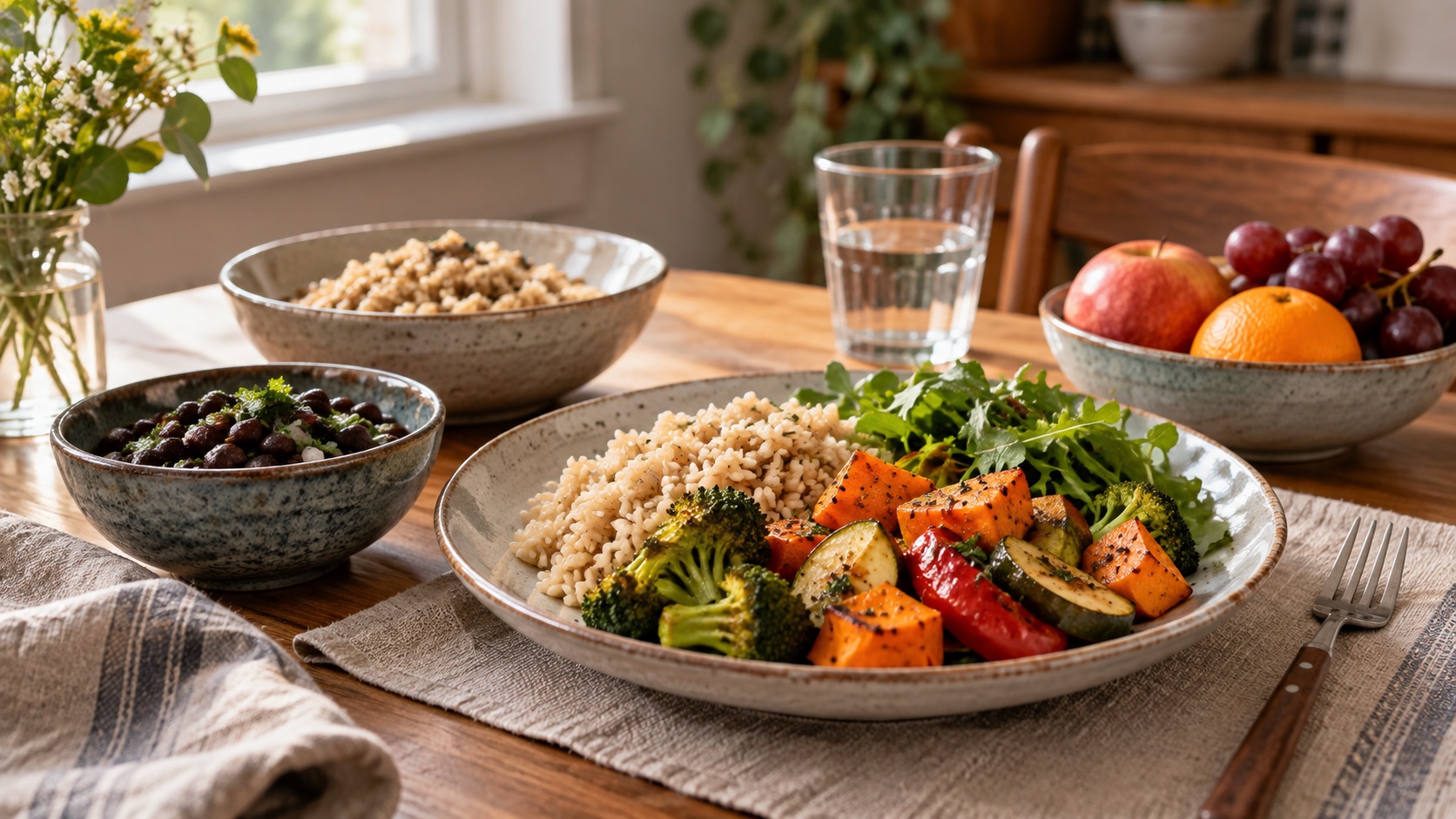 A plate of vegetables, beans, grains, and fruit on a table.