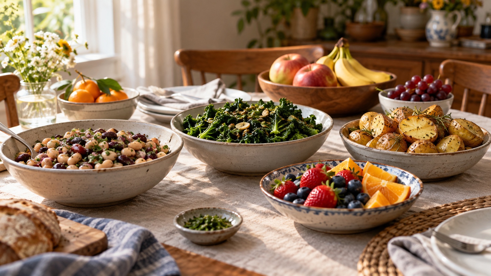 Beans, greens, potatoes, and fruit arranged on a kitchen table.
