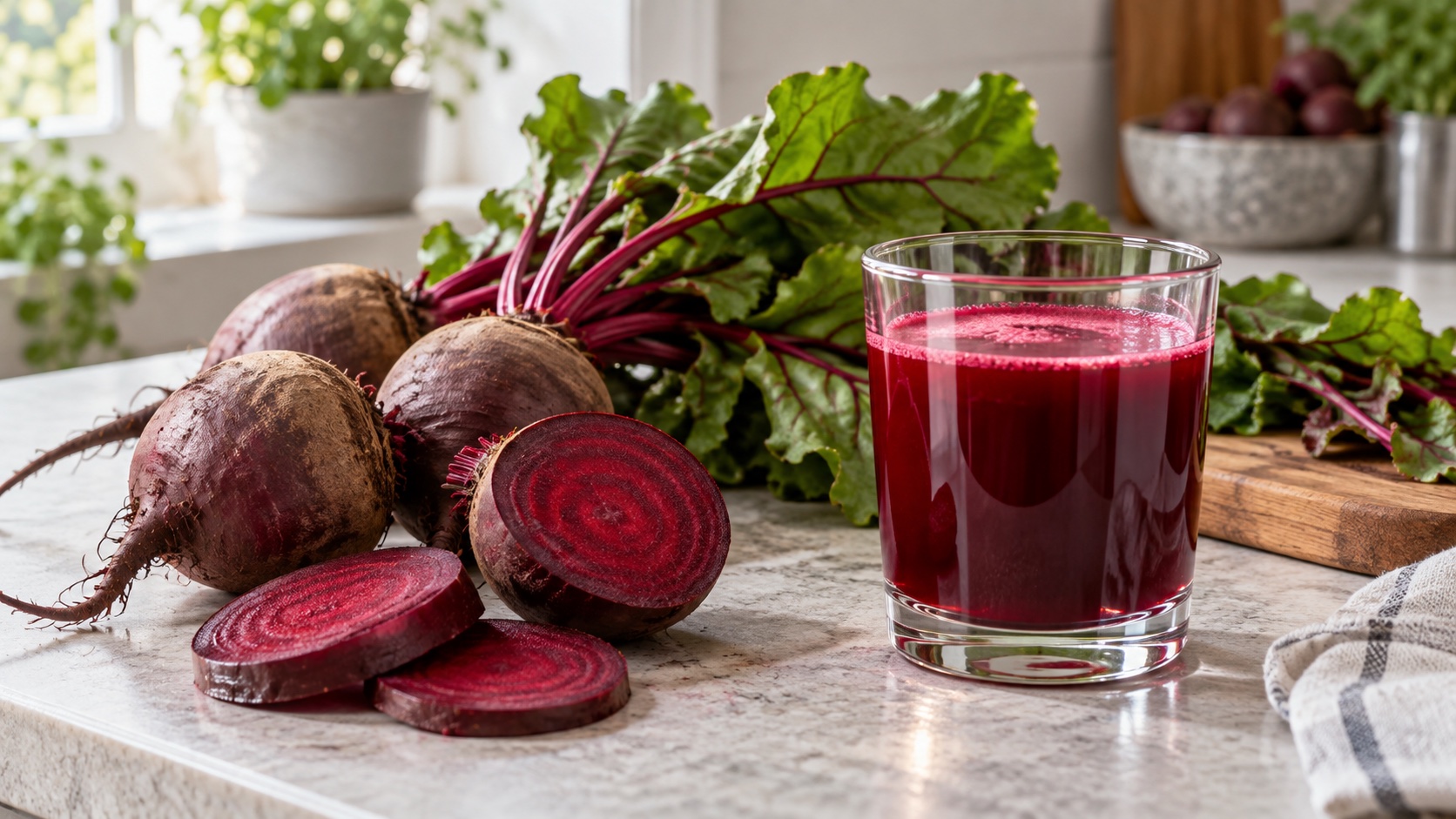 Beets, greens, and a glass of beet juice on a counter.