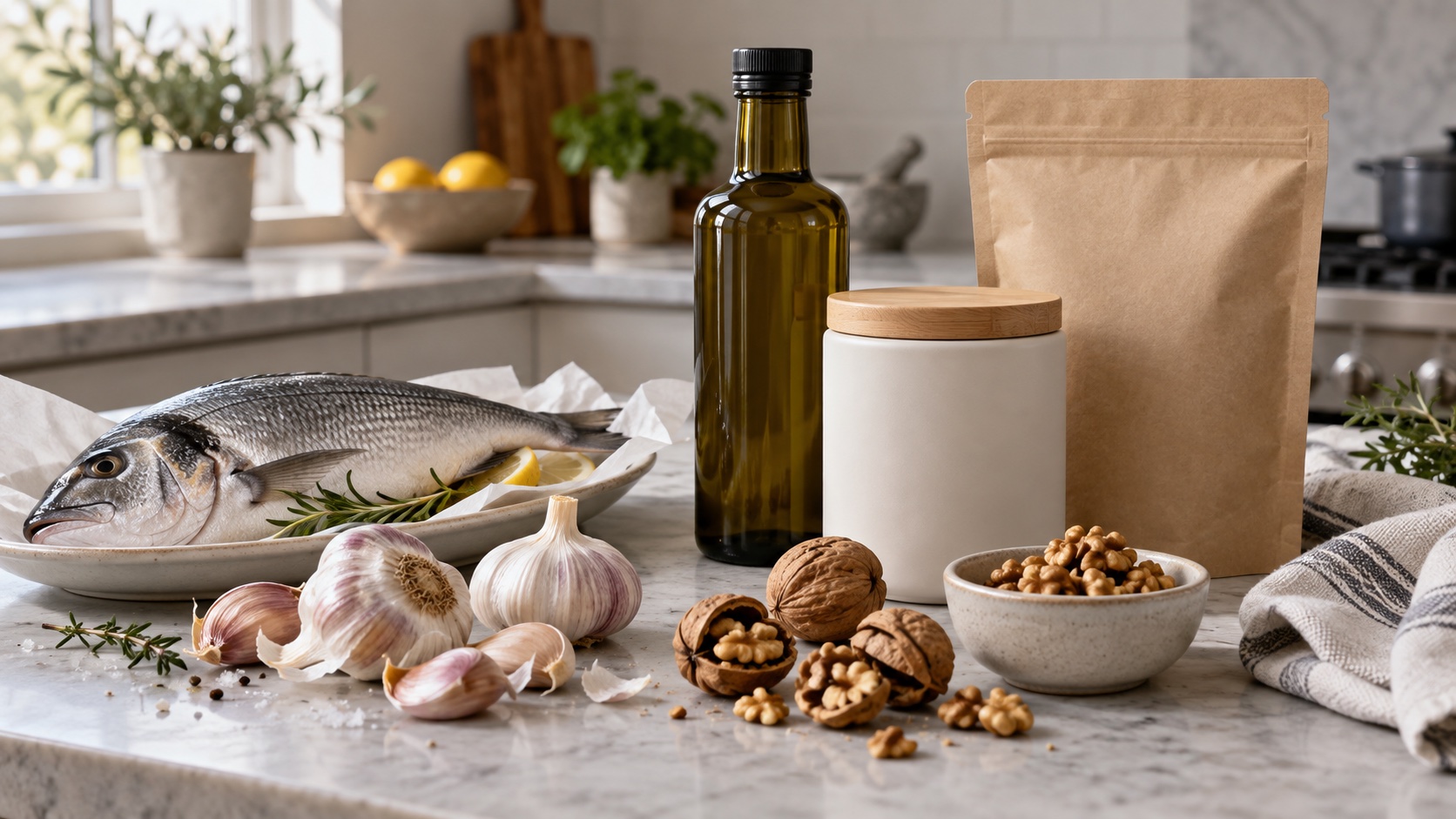 Garlic, fish, nuts and unlabelled containers on a counter.