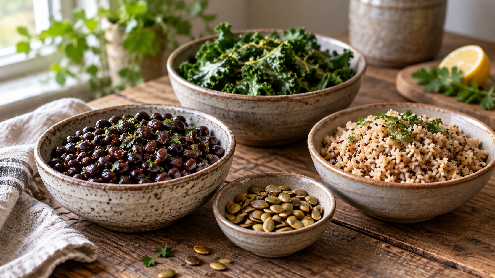 Beans, greens, seeds and grains arranged in small bowls.