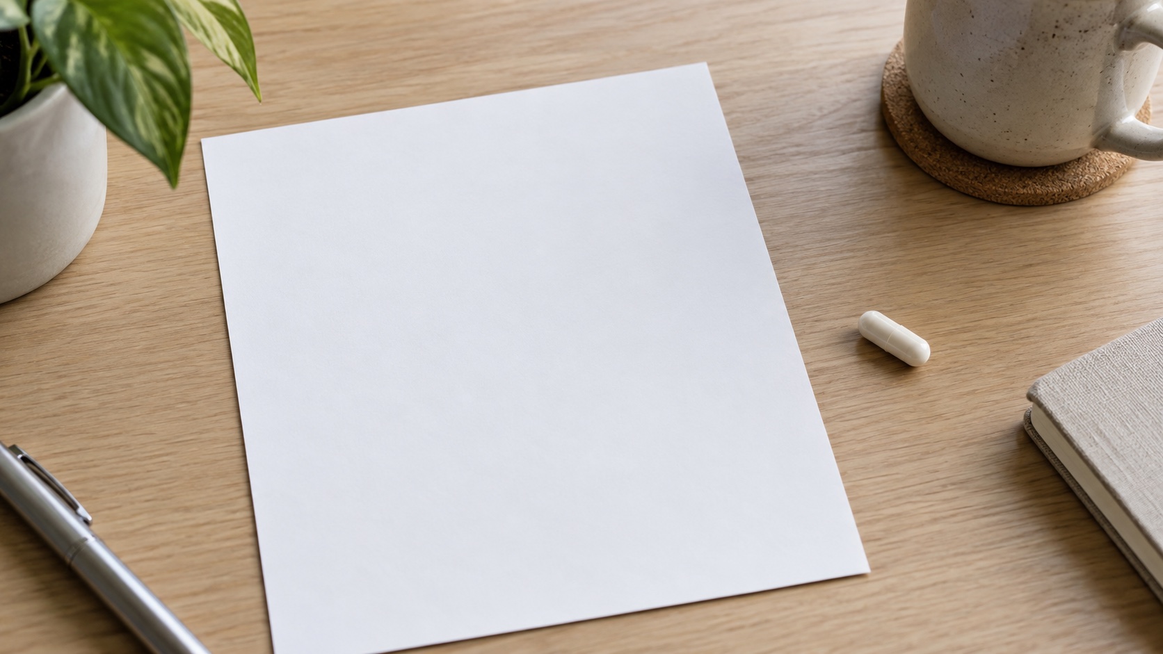 A blank worksheet and one plain capsule on a desk.