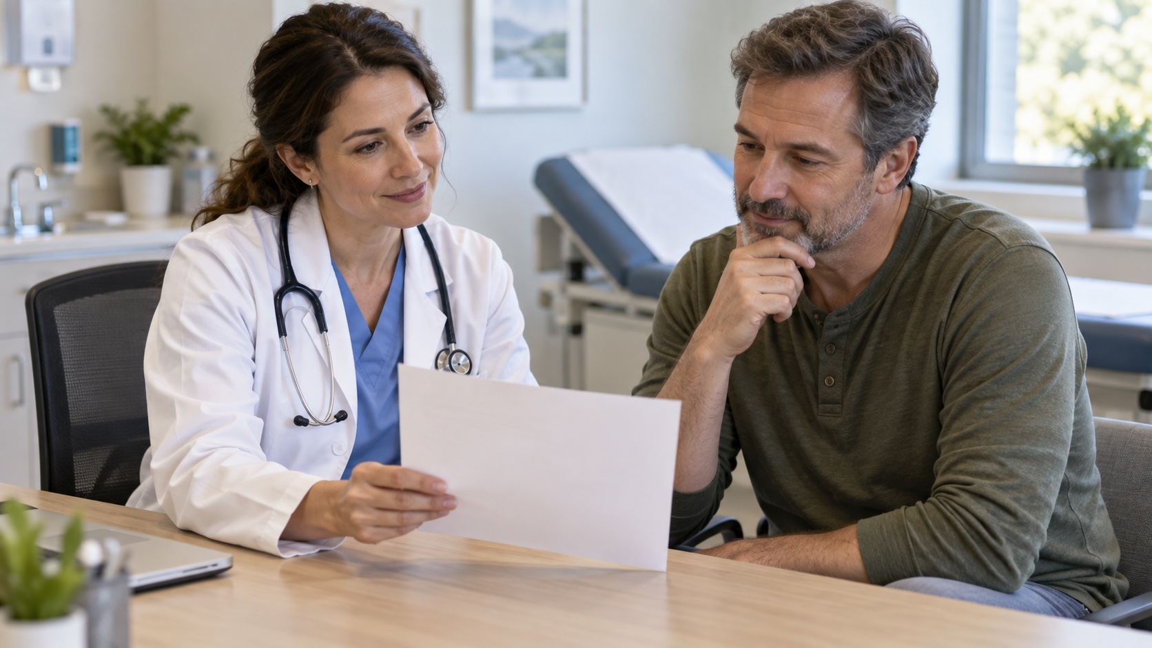 A pharmacist and adult review a blank sheet together.