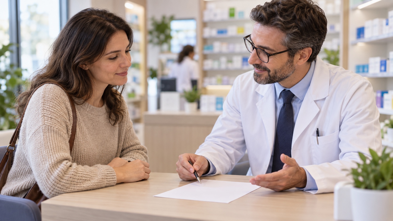 An adult and clinician review a blank sheet in an office.