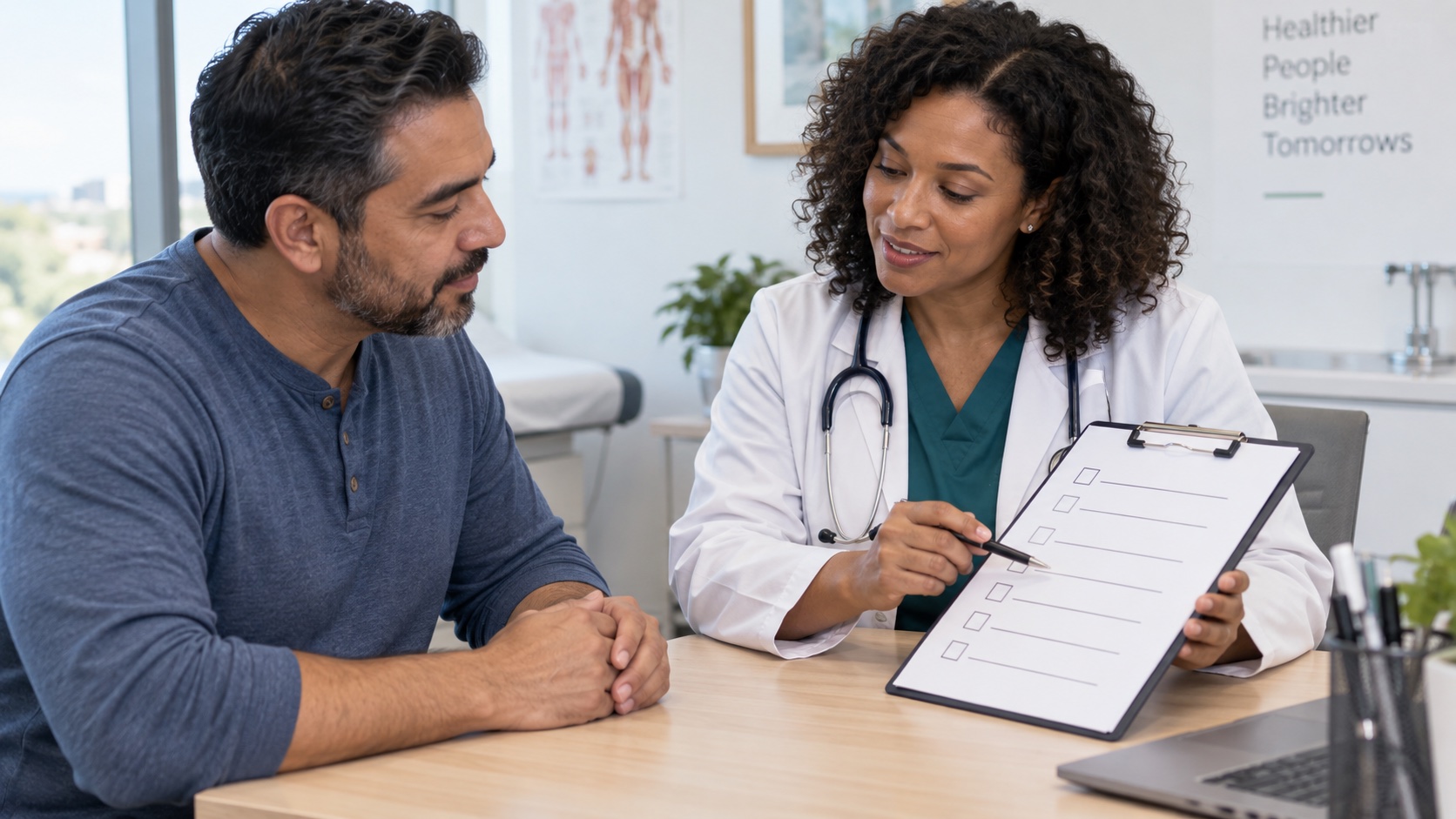 An adult and clinician review a blank list at a desk.