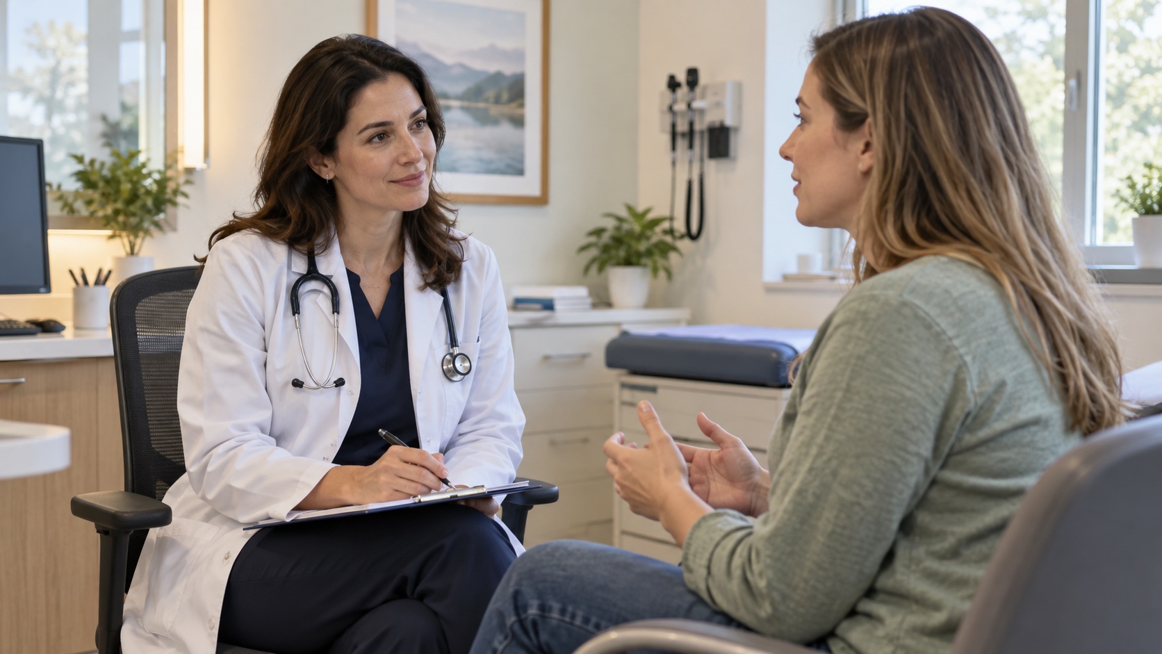 A clinician listens to an adult in a calm office.
