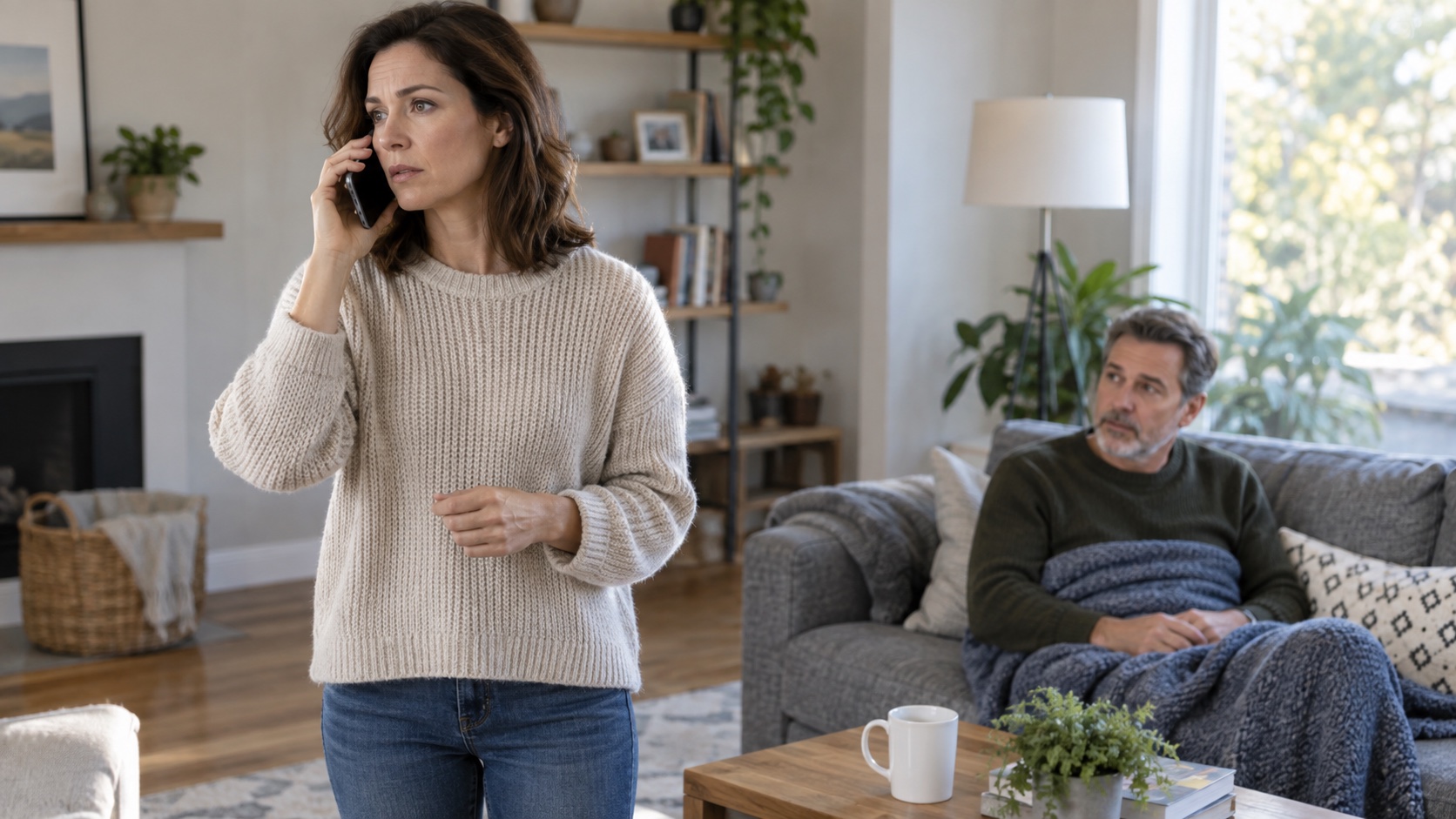 An adult speaks on a phone while another person sits nearby.