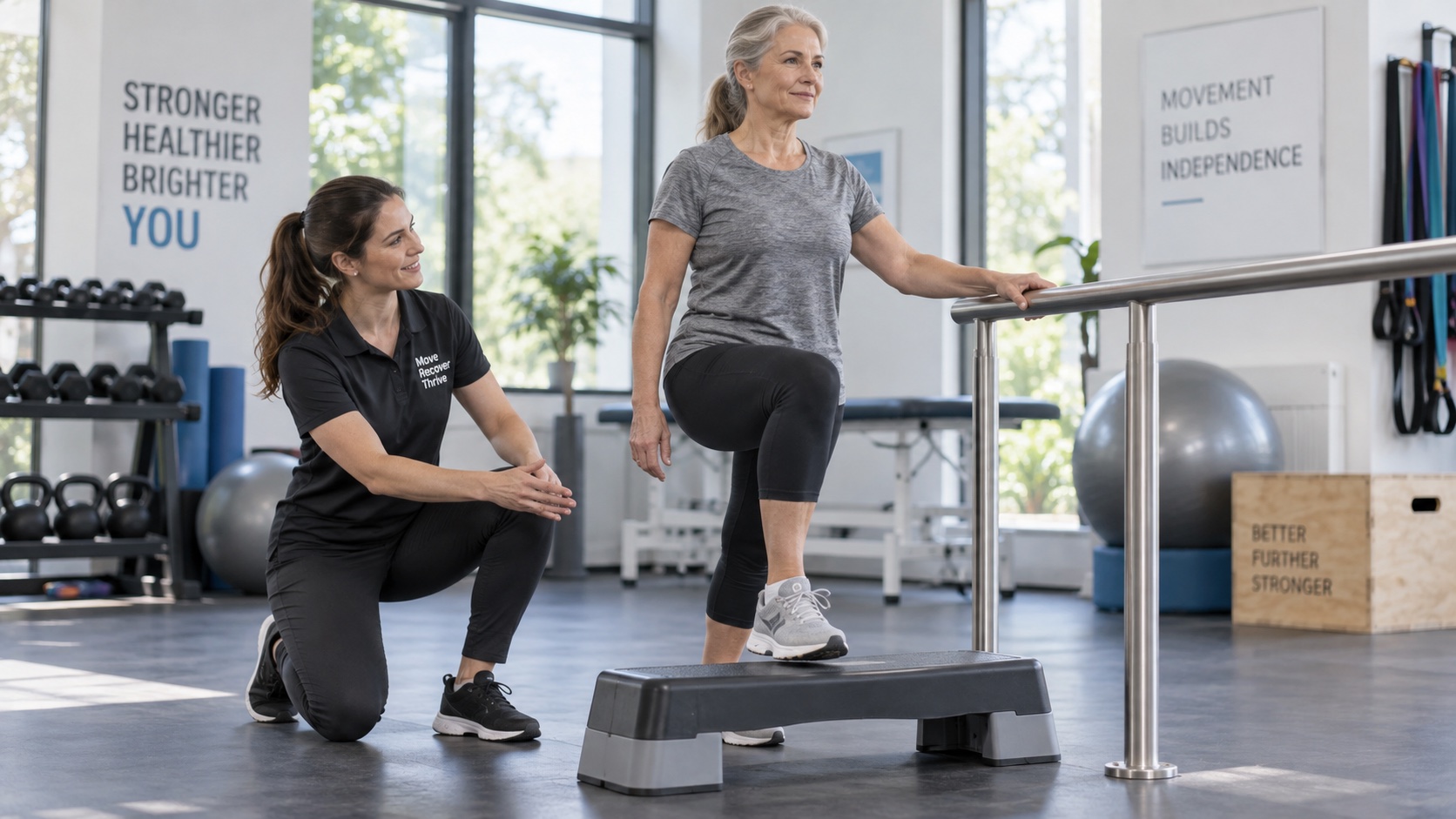 An adult performs a low step-up while holding a rail.