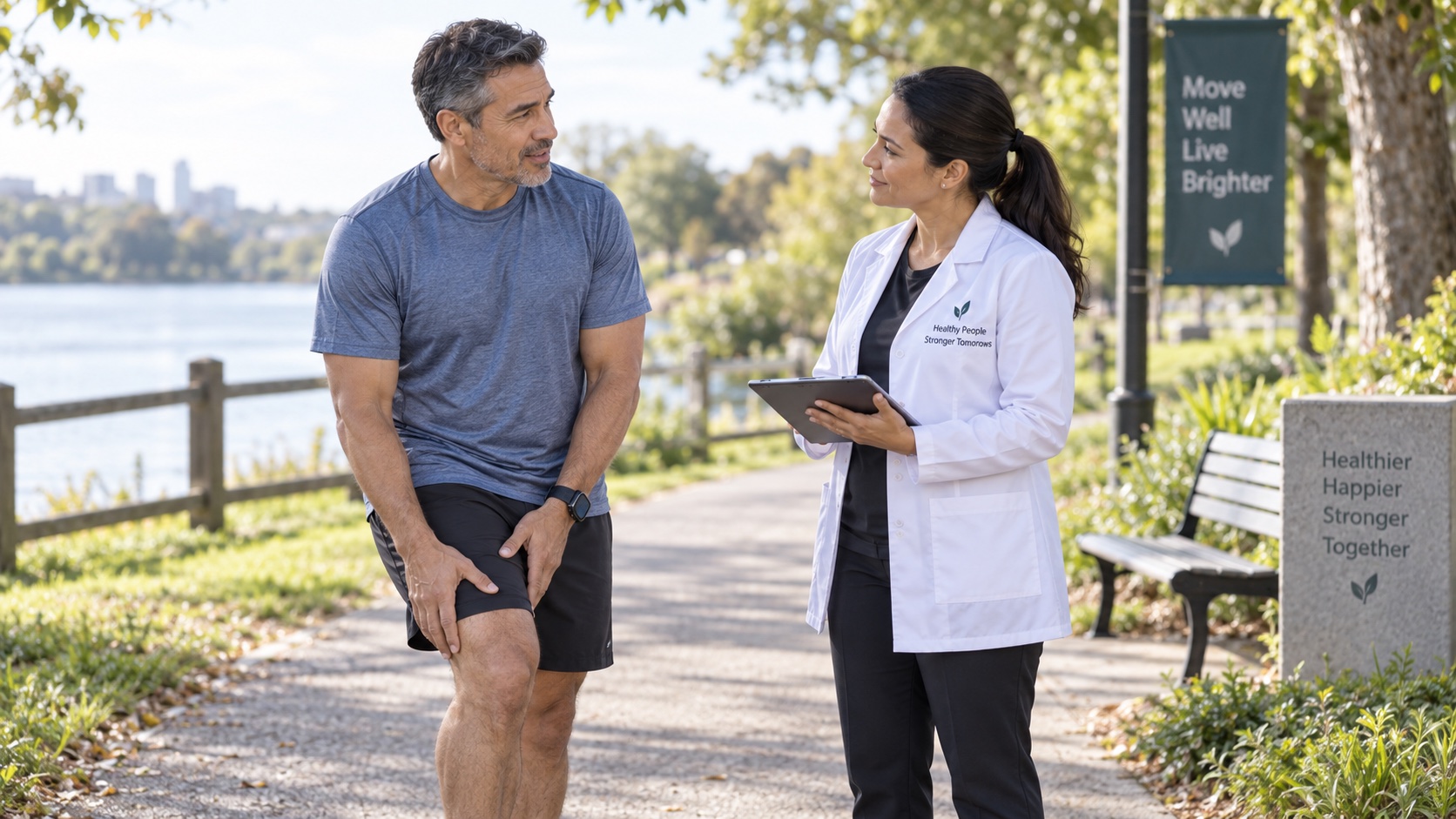 An adult talks with a clinician on a level outdoor path.