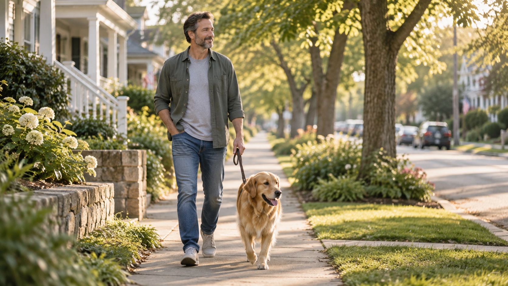 An adult walks easily on a neighborhood sidewalk.