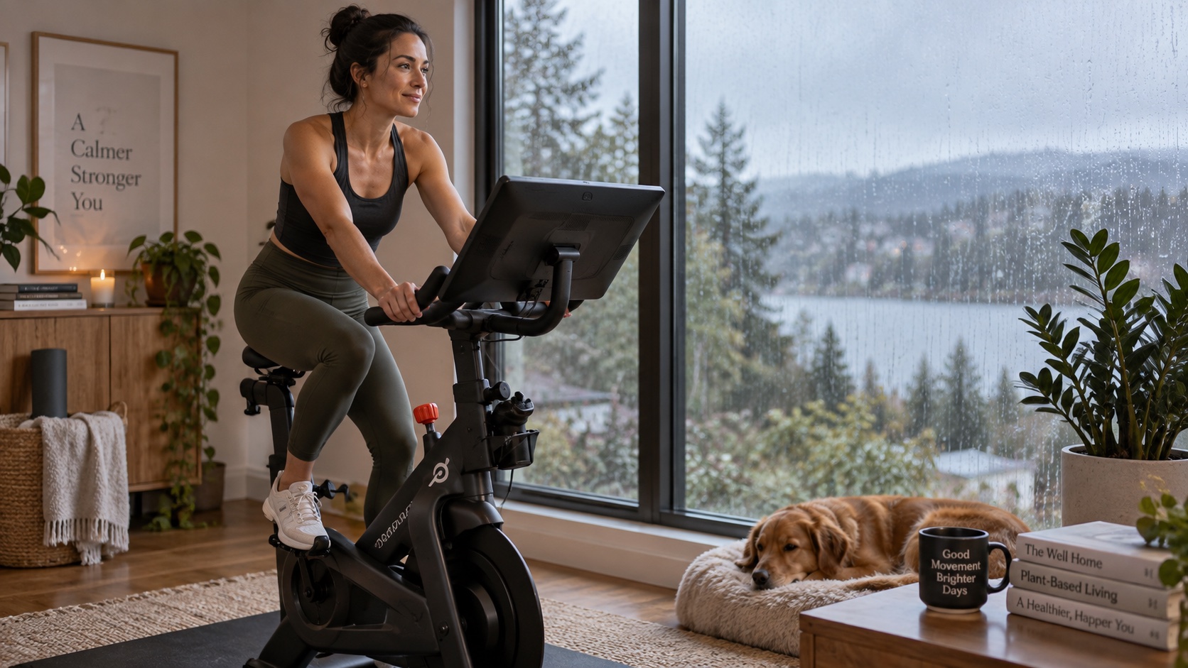 An adult pedals indoors beside a rain-streaked window.