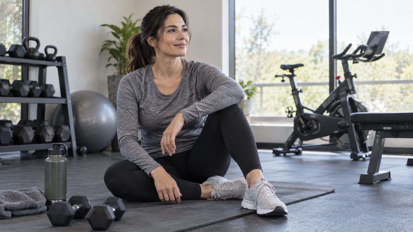 An adult uses a light dumbbell beside a stationary cycle.