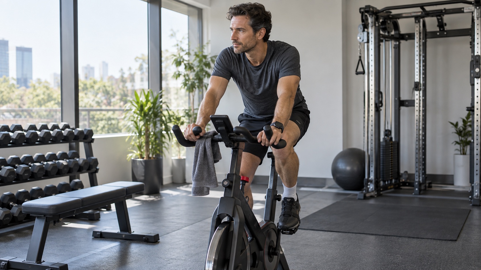 An adult cycles near light resistance equipment.
