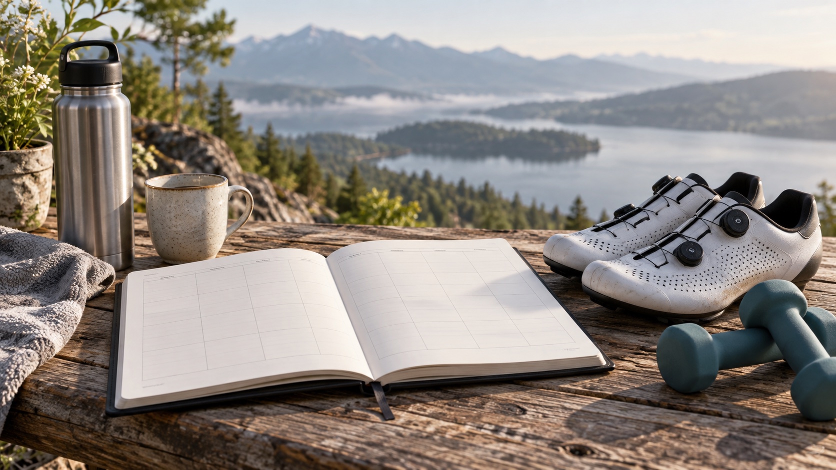 A blank weekly planner beside cycling shoes and light weights.