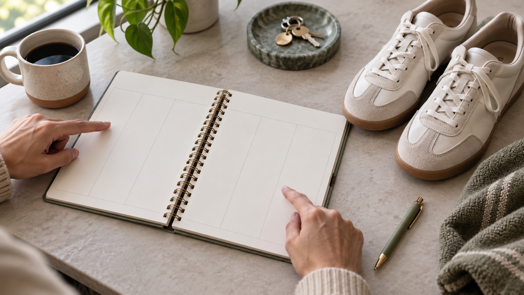 An adult reviews a blank planner beside walking shoes.