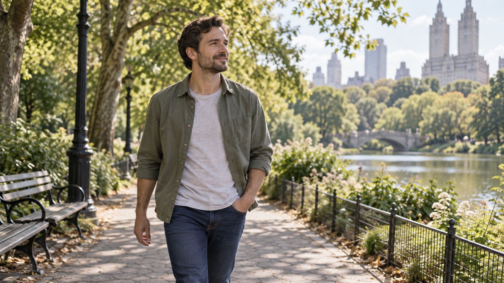 An adult walks easily along a quiet path.