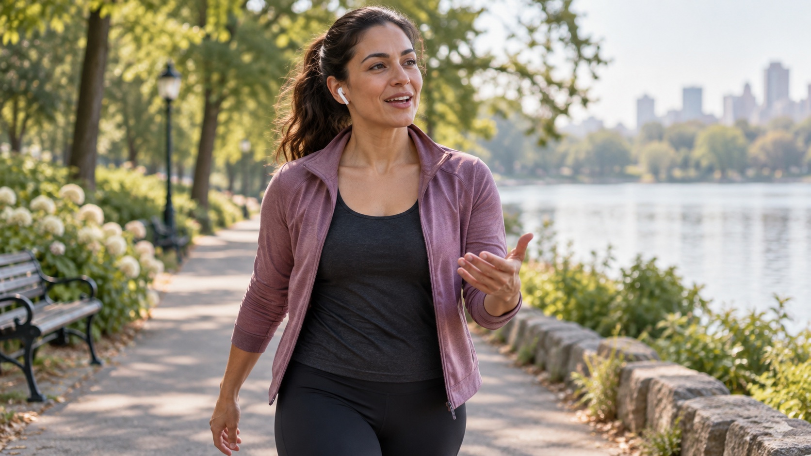 An adult speaks while walking on a level path.