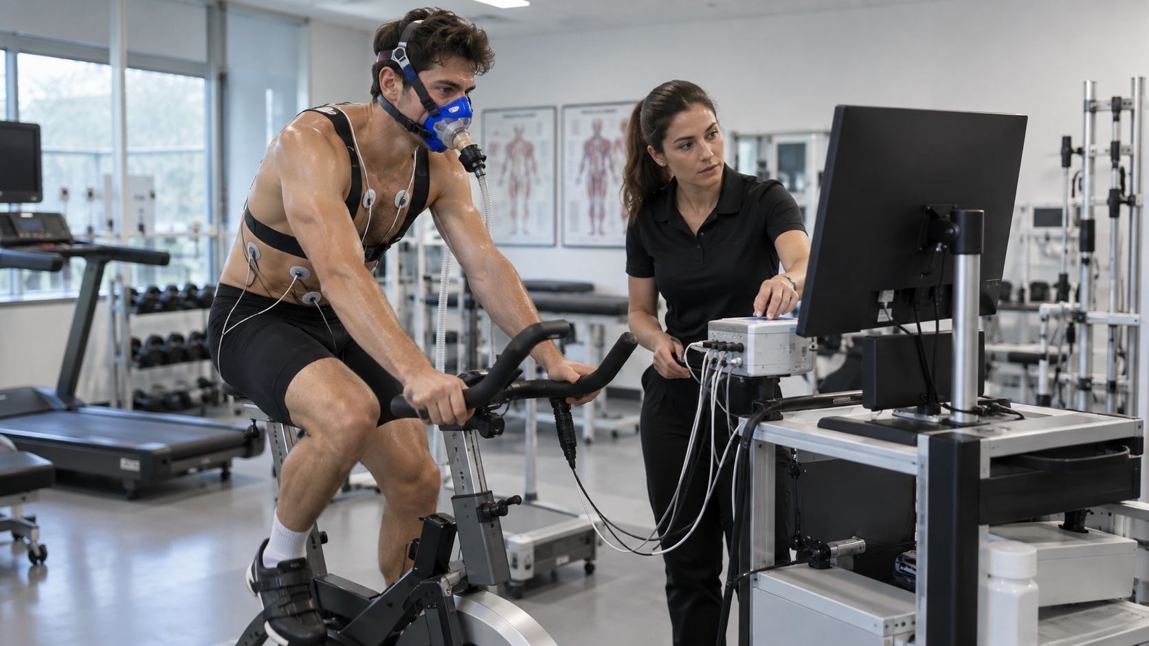 An adult pedals a stationary bike while a technician observes.